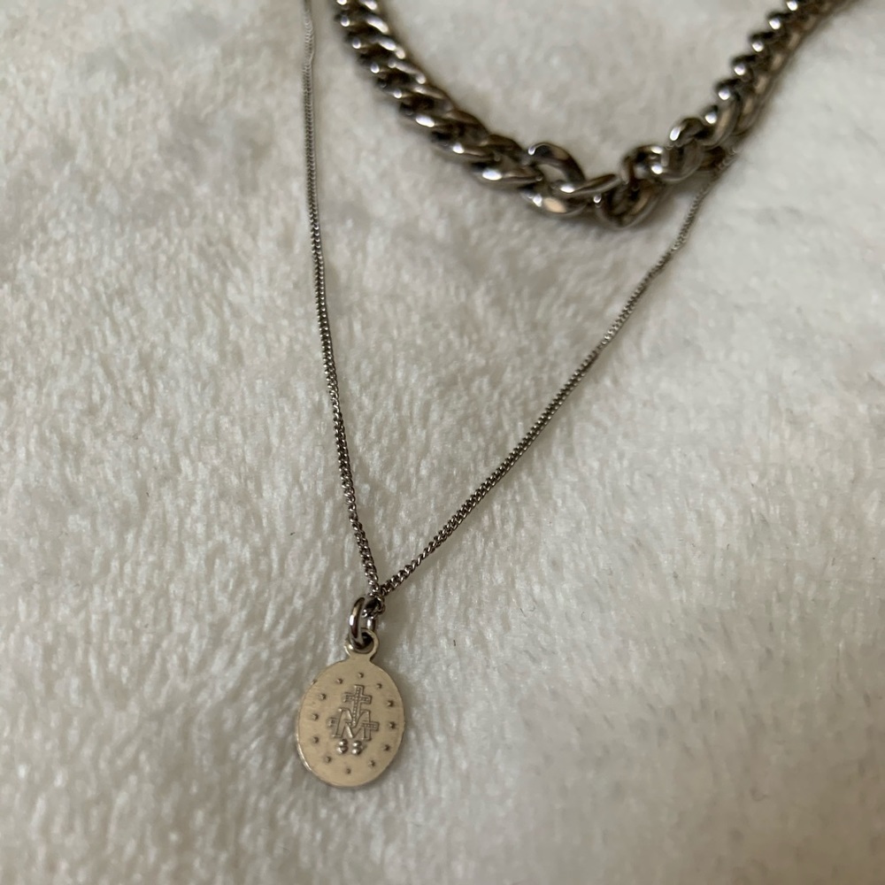 Miraculous Medal Double Chain 925 Silver Necklace - Picture 2 of 4